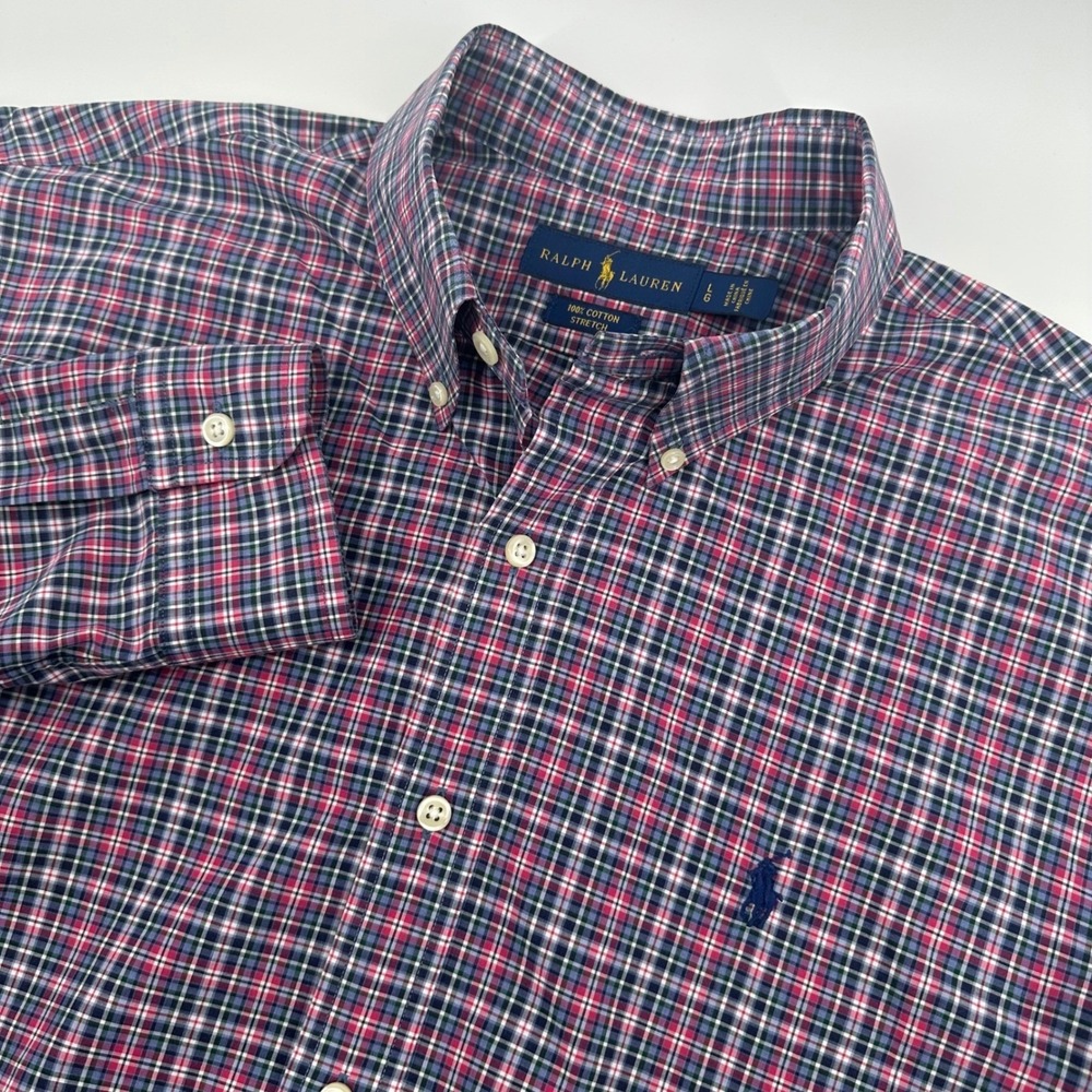 Ralph Lauren Button Down Shirt Mens LG Red Blue Plaid Cotton Stretch Long Sleeve